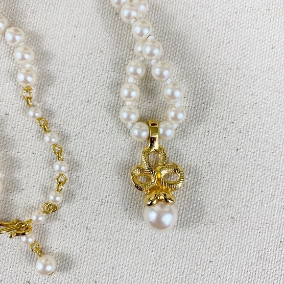 Vintage Pearl Necklace with Rhinestones Bow Gold - Picture 5 of 8